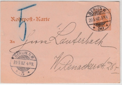 DR - 25 Pfg. Germania Rohrpost-GA-Karte, Berlin W50 - Berlin NW5, 1902