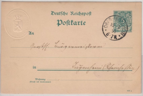 DR - 5 Pfg. Krone/Adler, GA-Karte/geprägter Absender, Ober-Ingelheim 1891 n.