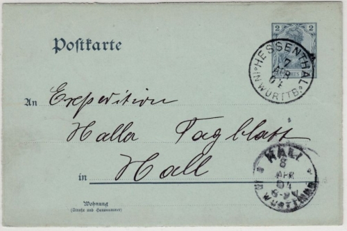 DR - 2 Pfg. Germania GA-Karte/Oberamtsverkehr Hessenthal - Hall 1904