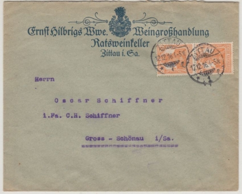 DR - Zittau 1916, illustr. Firmenkuvert (Weingroßhandlung) n. Gross-Schönau