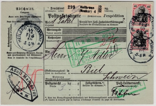 DR - 2x40 Pfg. Germania, Paketkarte i.d. SCHWEIZ, Heilbronn 4 - Biel 1910