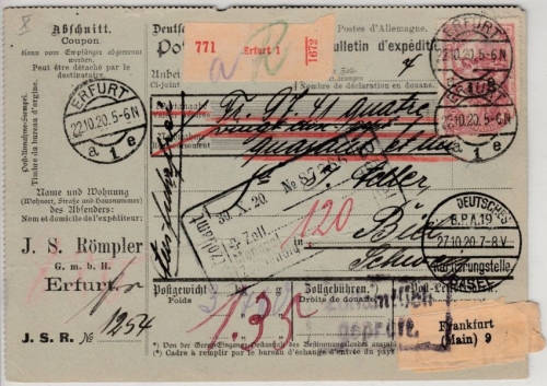 DR - 3x2,50 M. Nord/Süd u.a., Wertpaketkarte i.d. SCHWEIZ, Erfurt - Biel 1920