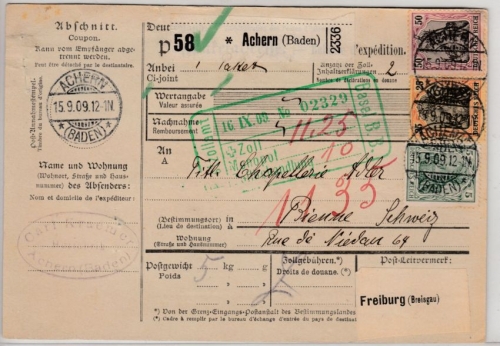 DR - 50+25+5 Pfg. Germania, Paketkarte i.d. SCHWEIZ, Achern - Bienne 1909