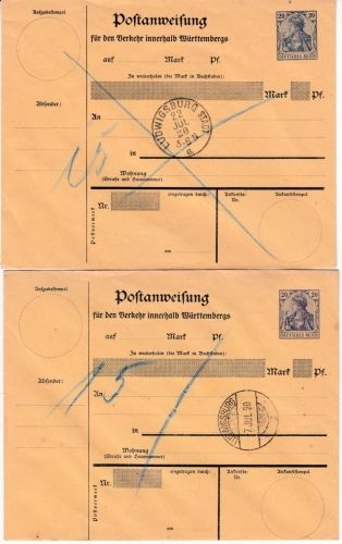 DR - 20 Pfg. Germania, blau + violettblau, blanko-entwertet Ludwigsburg 1920