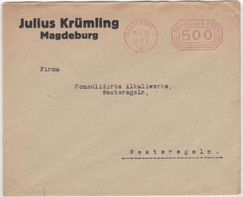 DR-Infla - 500 Pfg. Postfreistempel, Drucksache Magdeburg - Westeregeln 11.1.23