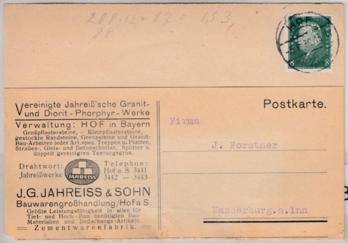 DR - 8 Pfg. Ebert/Perfin "JS", Firmenkarte Hof - Wasserburg 1930