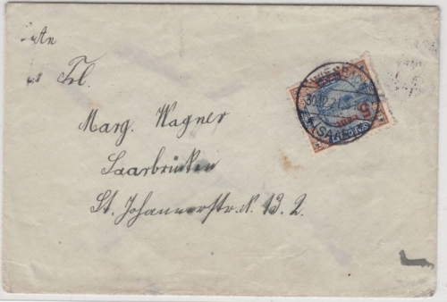 Saar - 5 C. a. 25 Pfg. Landschaften, Brief Wiesbach - Saarbrücken 1921