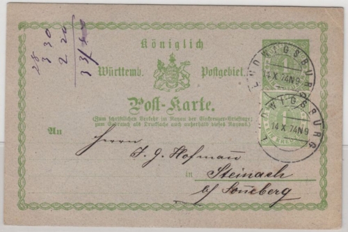 Württemberg - 1 Kr. GA-Karte+Zusatz, Ludwigsburg - Steinach b. Sonneberg 1874