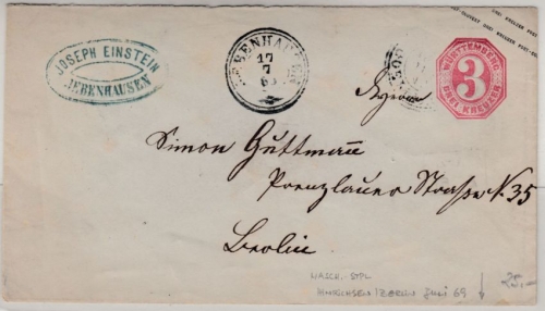 Württemberg - 3 Kr. GA-Umschlag, DKr Jebenhausen - Berlin 1869, rs. Hinrichsen