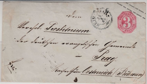 Württemberg/Österreich - 3 Kr. GA-Umschlag, DKr Heimsheim - Prag 1869