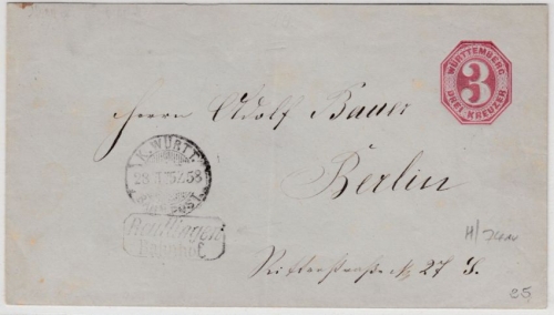 Württemberg - 3 Kr. GA-Umschlag, Ra2 Reutlingen Bahnhof - Berlin 1875