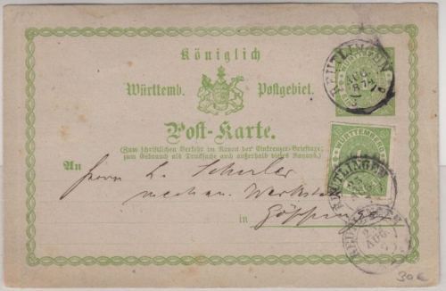 Württemberg - 1 Kr. GA-Karte+1 Kr. Zusatz, Reutlingen - Göppingen 1874