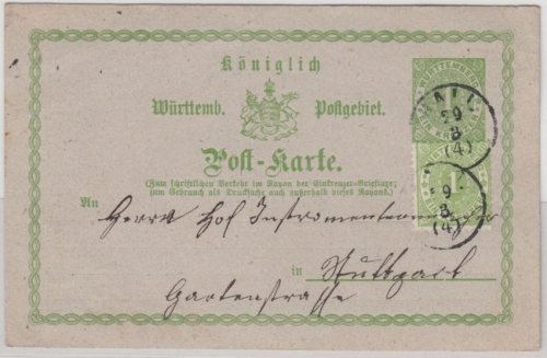 Württemberg - 1 Kr. GA-karte + 1 Kr. gez. (!!), Hall - Stuttgart