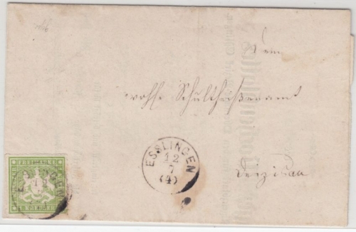 Württemberg - 1 Kr. Wappen dst., Ortsbrief/OA-Bereich Esslingen - Deizisau 1867