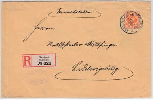 Württemberg - 25 Pfg. Dienst, Einschreibebrief/OA-Bereich, Marbach 1911 n.