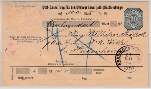 Württemberg - 20 Pfg. Postanweisungs-GA-Umschlag, Esslingen - Heidenheim 1896