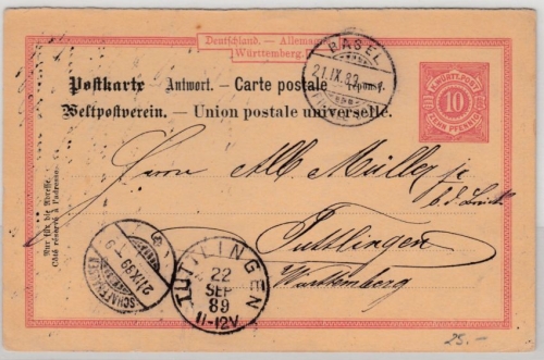 Württemberg - 10 Pfg. GA-Karte/Antworttteil Basel - Tuttlingen 1889