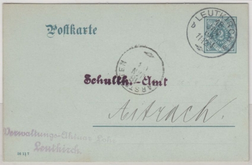 Württemberg - 2 Pfg. Dienst-GA-Karte (DP 4 !!), Leutkirch - Aitrach 1908 RR!