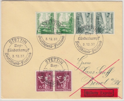 DR - Schiffe, Zusammendruck, Eilbrief SST Stettin Box-Länderkampf - Beuel 1937