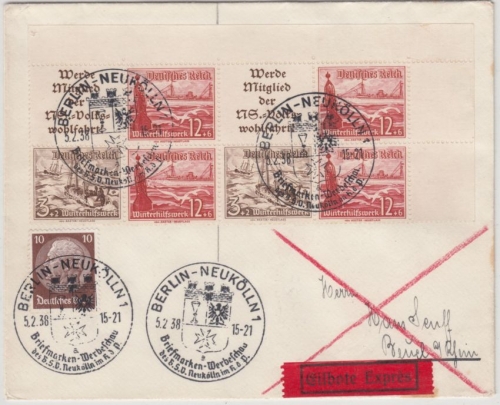 DR - Schiffe, Zusammendrucke, Einschreibebrief SST Berlin-Neukölln - Beuel 1938