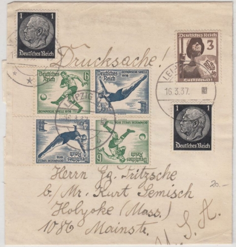 DR - Olympia, Zusammendrucke u.a., Streifband n. USA, Leipzig - Holyoke 1937