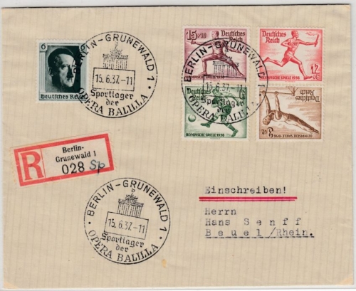 DR - Olympia, Zusammendruck u.a., Einschreibebrief SST Berlin-Grunewald - Beuel