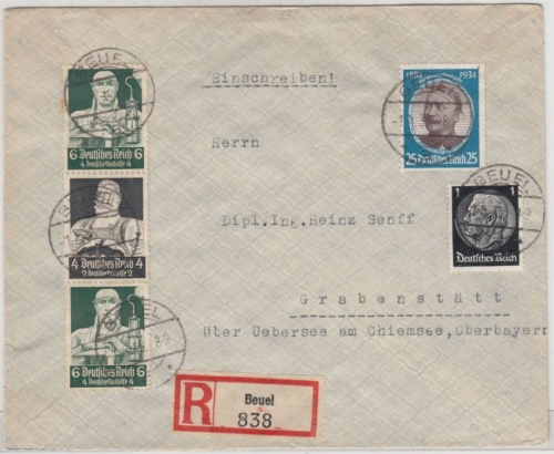 DR - Berufe, Zusammendruck 6+4+6 Pfg. u.a., Einschreibebrief Beuel 1935 n.