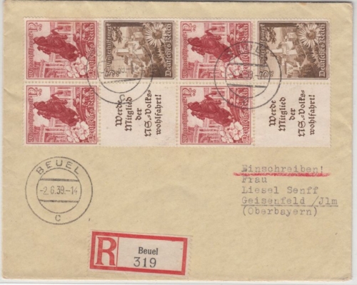 DR - Alpenblumen, Zusammendrucke, Einschreibebrief Beuel - Geisenfeld 1939