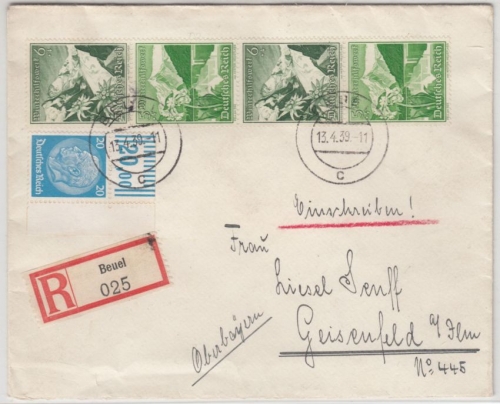 DR - Alpenblumen Zusammendruck u.a., Einschreibebrief Beuel - Geisenfeld 1939