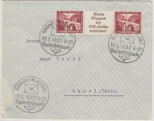 DR - Brücken Zusammendruck, Brief SST Gößnitz Tag der Briefmarke - Beuel 1937