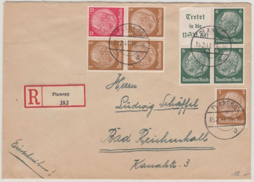 DR - Hindenburg Zusammendrucke, Einschreibebrief Planegg - Bad Reichenhall 1941
