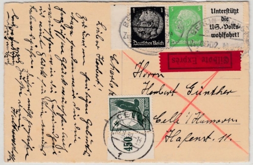 DR - Hindenburg Zusammendruck u.a., Eilkarte Charlottenburg - Celle 1939
