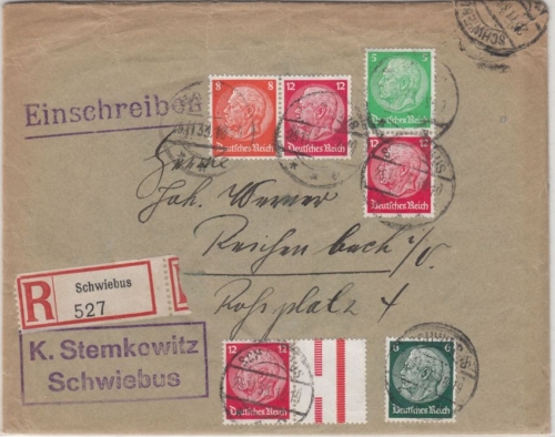 DR - Hindenburg Zusammendrucke, Einschreibebrief Schwiebus - Reichenbach 1933