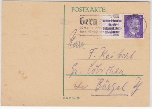 DR - AH Zusammendruck, Karte Gera - Bürgel 1941