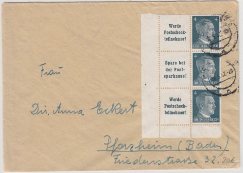 DR - AH Zusammendrucke, Brief Passau - Pforzheim 1942