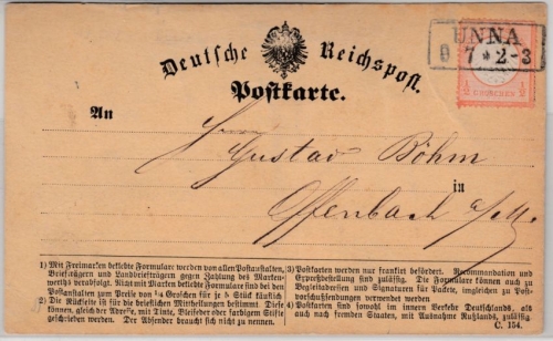 DR - 1/2 Gr. kl. Brustschild, Postkarte Ra2 Unna - Offenbach 1872