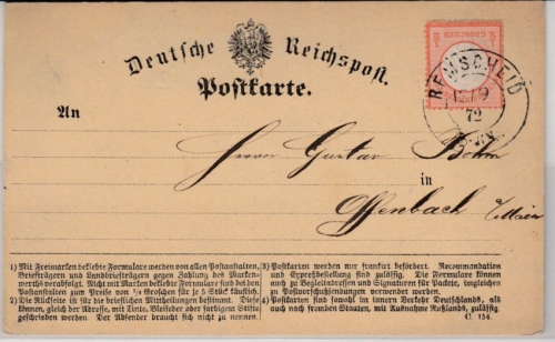DR - 1/2 Gr. kl. Brustschild, Karte K2 Remscheid - Offenbach 1872