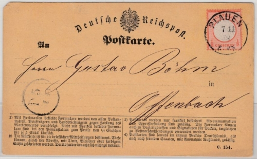 DR - 1/2 Gr. kl. Brustschild, Karte K1 Plauen - Offenbach 1872