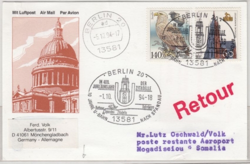 BRD - Postsperre, Lupokarte n. SOMALIA 1994, Retour-Stpl. d. Lupo-Leitstelle