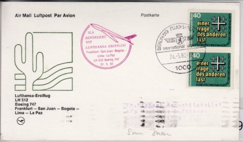 Berlin - 2x40 Pfg. Ev. Kirchentag, Lupo-Karte n. USA, Berlin - San Juan 1982