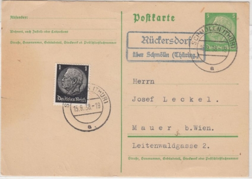 DR - Rückersdorf ü. Schmölln (Thüring.), Landpost-Ra2 a. GA-Karte n. Mauer 1938