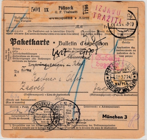 DR - Pößneck 1937, Gebühr bezahlt, Paketkarte/Selbstbucher n. JUGOSLAWIEN