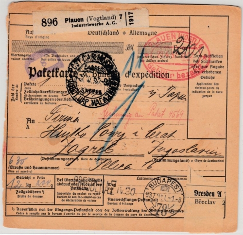 DR - Plauen 1937, Gebühr bezahlt, Paketkarte/Selbstbucher n. JUGOSLAWIEN
