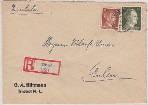 DR - 24+30 Pfg. AH, Einschreibebrief Triebel - Guben 1943
