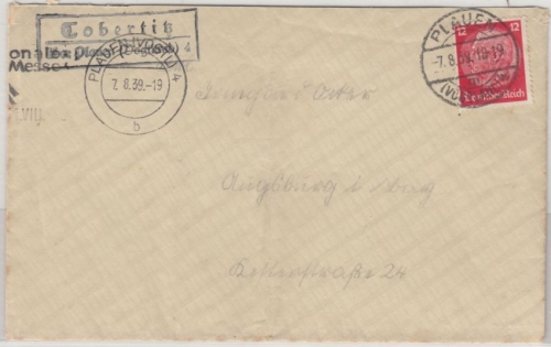 DR - Tobertitz ü. Plauen (Vogtl.) 4, Landpost-Ra2 a. brief n. Augsburg 1939