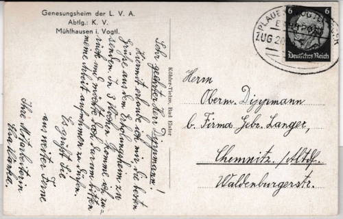 DR - Plauen (Vogtl.) - Eger Zug 2093, Bahnpost-Stpl. a. Karte v. Mühlhausen 1939