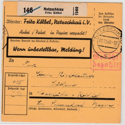 DR - Netzschkau 1943 Gebühr bezahlt, Paketkarte/Selbstbucher n. Maxhütte-Haidhof