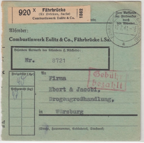 DR - Fährbrücke (Kr.Zwickau) Gebühr bezahlt Postgut-Paketkarte/Selbstbucher 1941