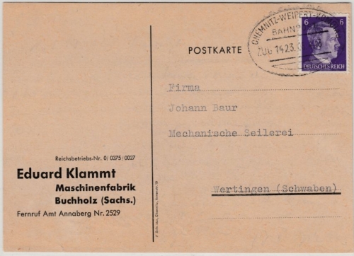 DR - Chemnitz-Weipert-Komotau Zug 1423, Bahnpost Karte Buchholz - Wertingen 1943
