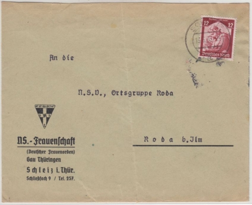 DR - Schleiz 1935, Vordruckkuvert d. NS-Frauenschaft n. Roda